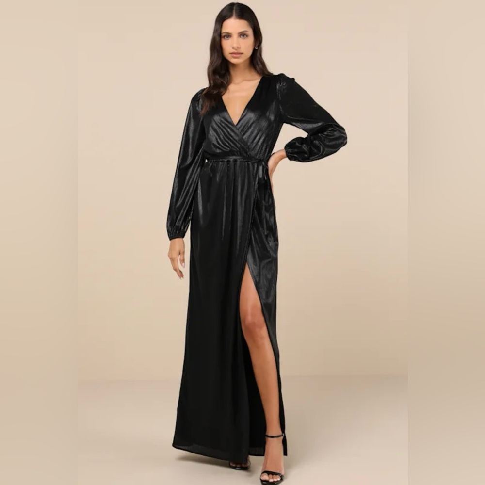 Lulu's Extra Aesthetic Black Shiny Long Sleeve Surplice Maxi Dress